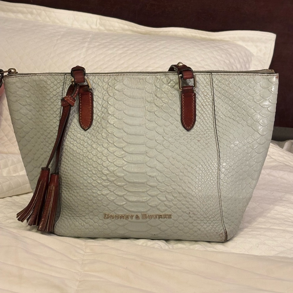 Dooney & Bourke Ice Blue Reptile Embossed Leather Tote Bag.Well loved,see ALL PH